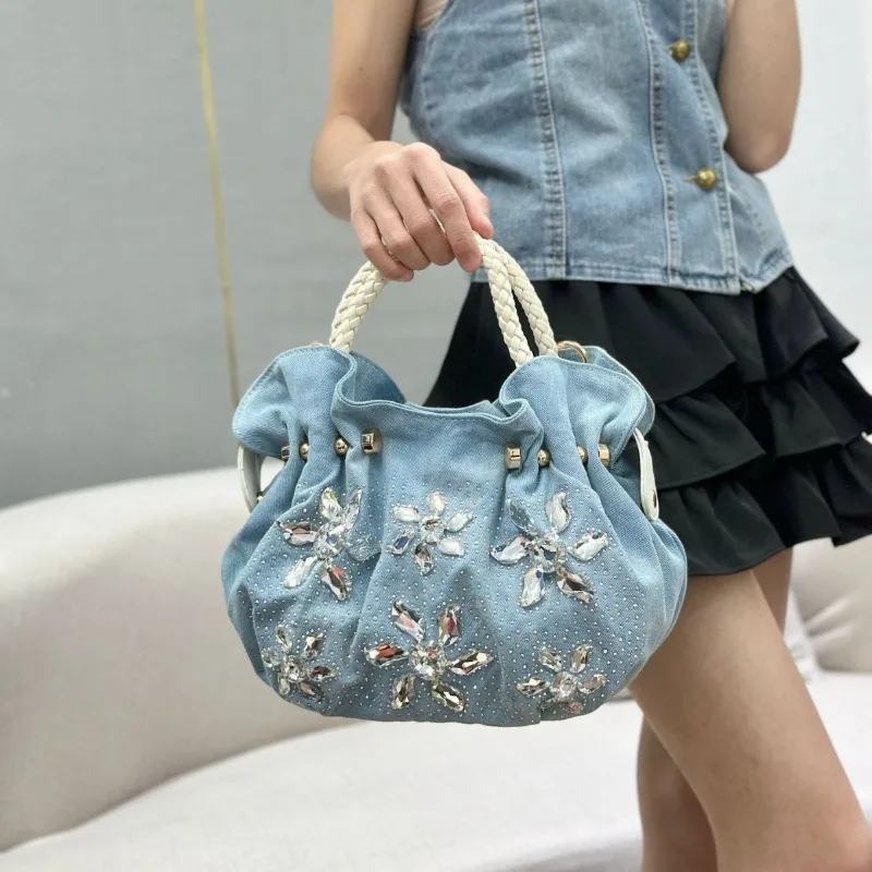 

Handbag, mini dumpling bag, diamond studded small bag, denim shoulder bag, crossbody bag, women's bag
