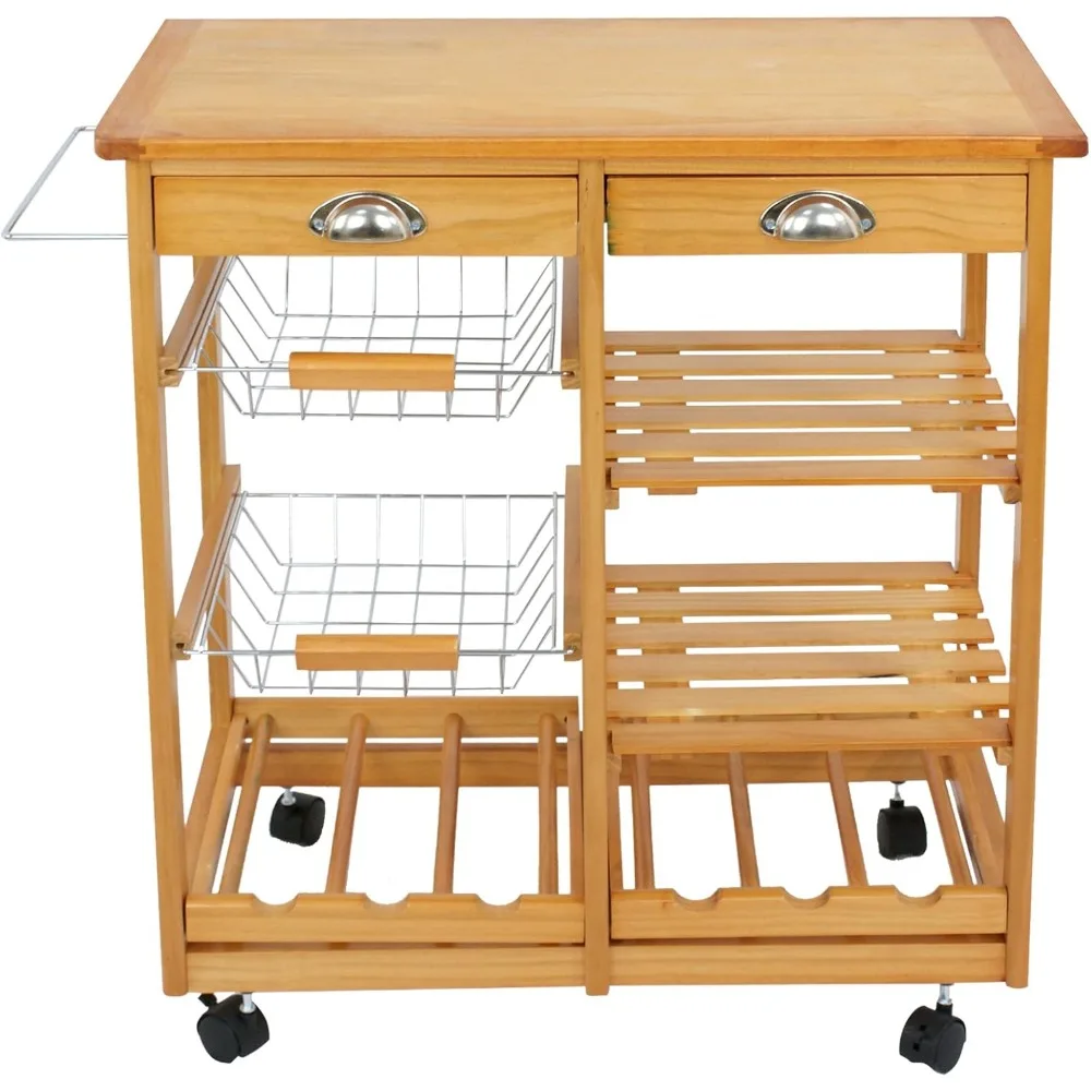 

4-Tier Rolling Kitchen Island Trolley Utility Wood Kitchen Storage Cart Microwave Cart w/Towel Rack, Drawers, Shelves