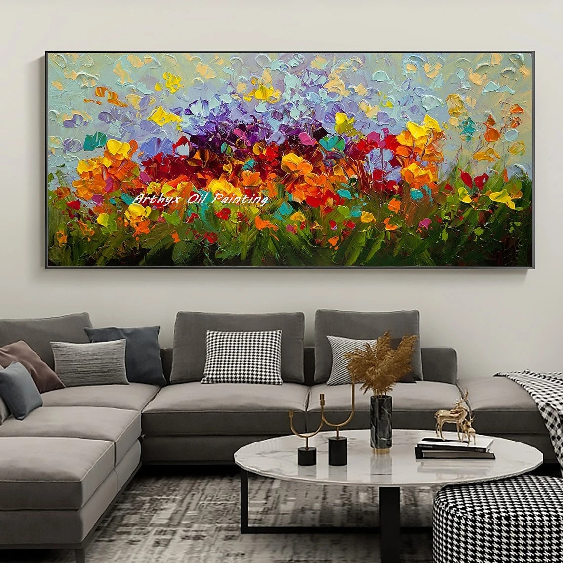 Arthyx Hand Painted Colorful Abstract Flowers Landscape Oil Paintings on Canvas Palette Knife Posters Wall Art Modern Home Decor