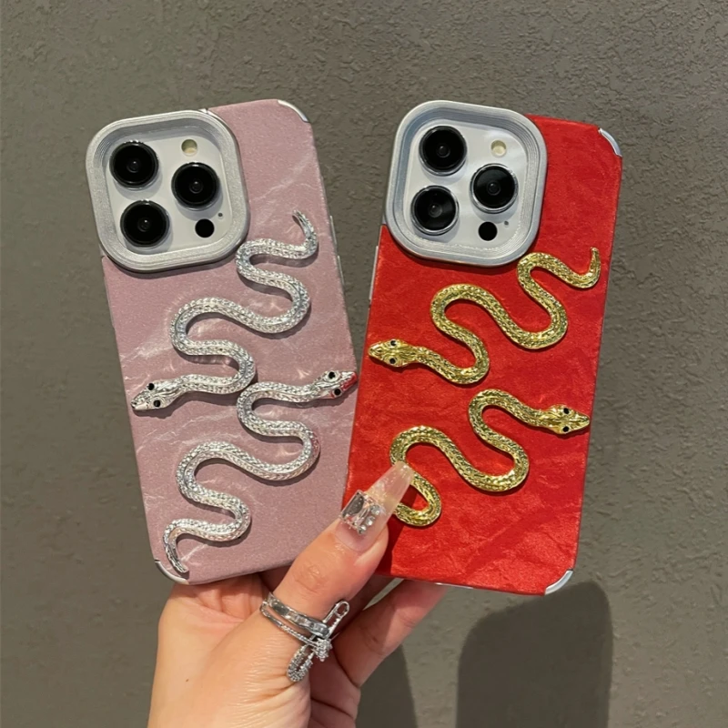

Plating 3D Golden Snake Creative Phone Cases For iPhone 16 Pro Max 15 14 Plus 13 12 11 Silk Velvet Skin Feel Shockproof Cover
