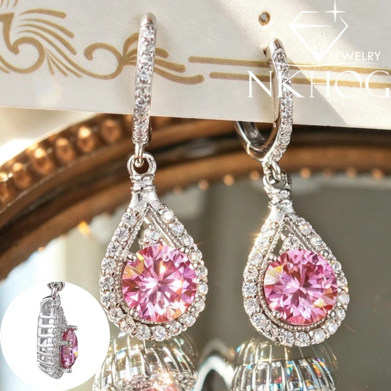 NKHOG 1CT Pink White Moissanite Drop Earrings Woman Round Cut Waterdrop 925 Sterling Silver Earring Fine Jewelry Gift Certified