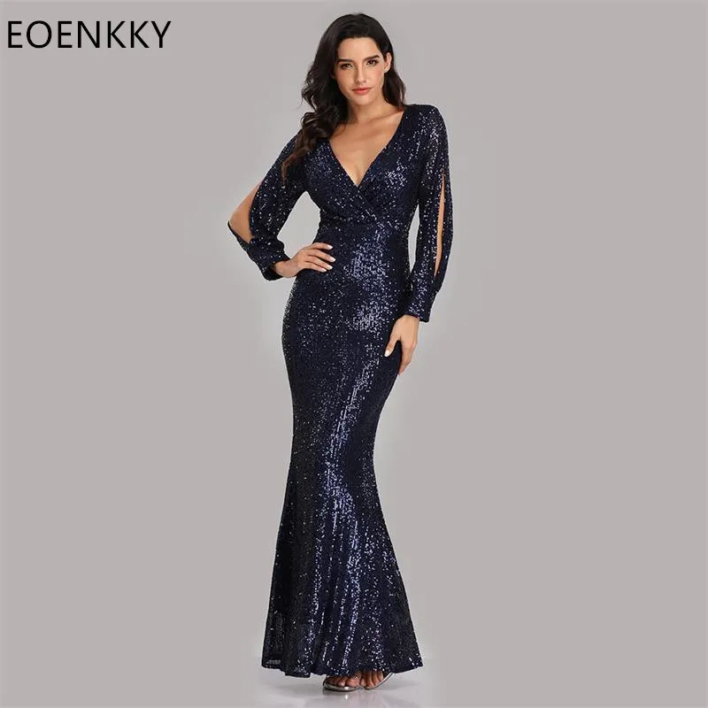 

Customized Evening Dress V-neck Long Sleeve Slimming Mermaid Ball Dress Sparkling Glitter Formal Wedding Guests Party Dress