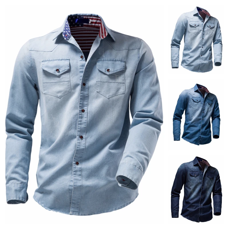 

Mens High Quality Spring Autumn Long Sleeve Cotton Denim Shirts flag print colorblock wash male slim fit denim shirt cowboy tops