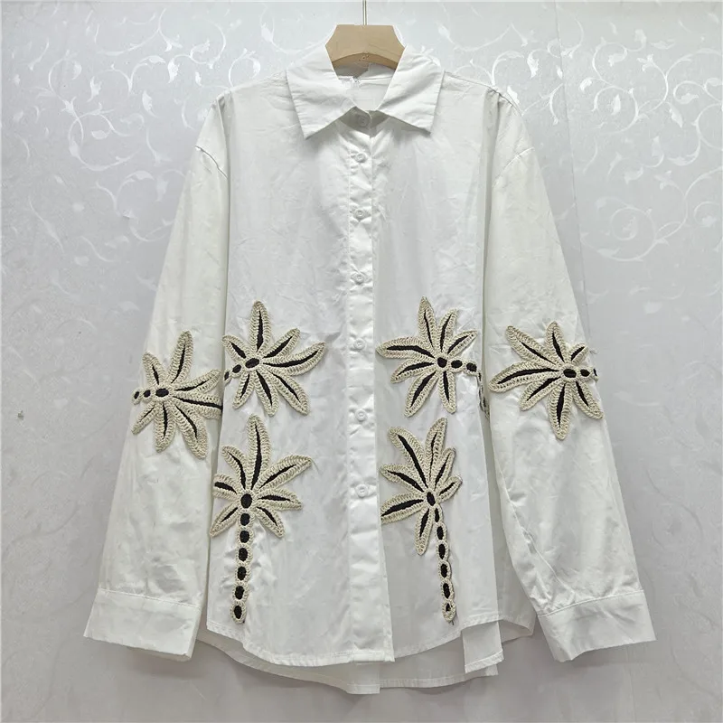 

SuperAen Lapel Collar Embroidered Design Shirt for Women Summer 2025 New Style Fashion Loose Elegant Shirts