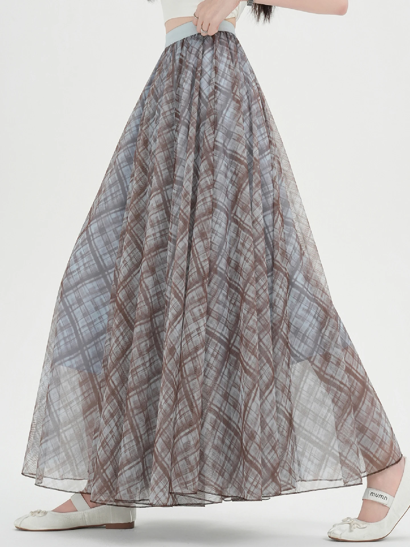 

Ретро-юбка из тюля в клетку, женская, с высокой талией, приталенная, А-силуэт, длинная, струящаяся, расклешенная, весна-лето, новая, в корейском стиле