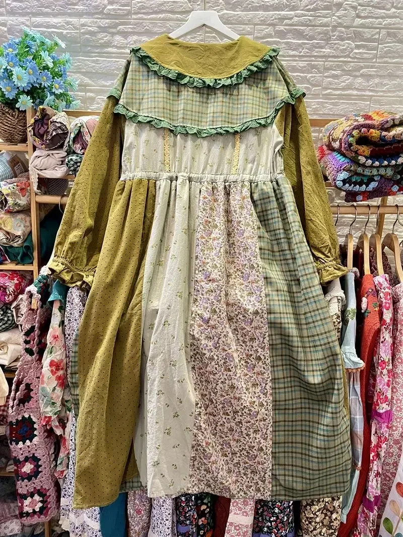 Vintage Patchwork Long Sleeve Midi Dress Female Autumn Retro Chic Mori Girl Cottagecore Lace Embroidery Kawaii Tea Length Dress