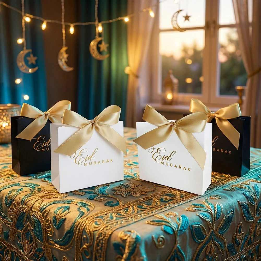 10 bolsas de regalo pequeñas de Eid Mubarak con diseño de lámina dorada y cintas de satén, para dulces festivos, chocolates y regalos delicados