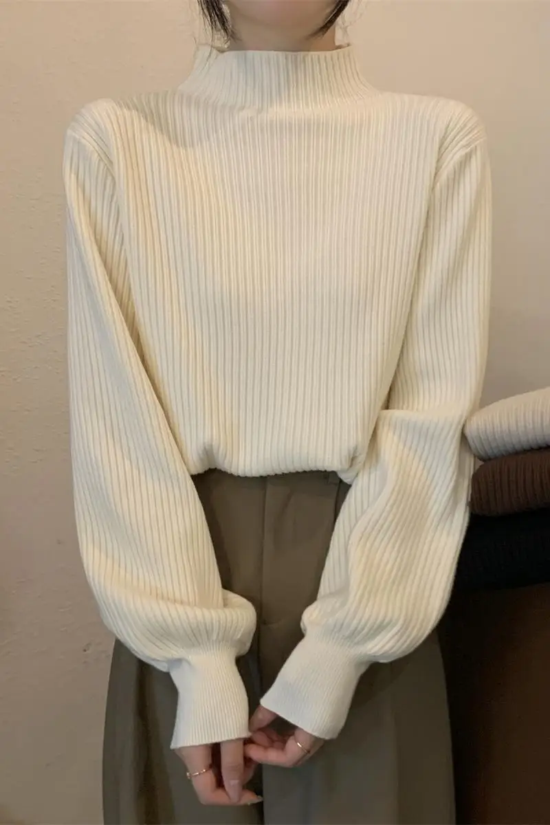 Korean Half High Collar Sweater Women Velvet Lantern Sleeve Soft Loose Knit Base Autumn Winter