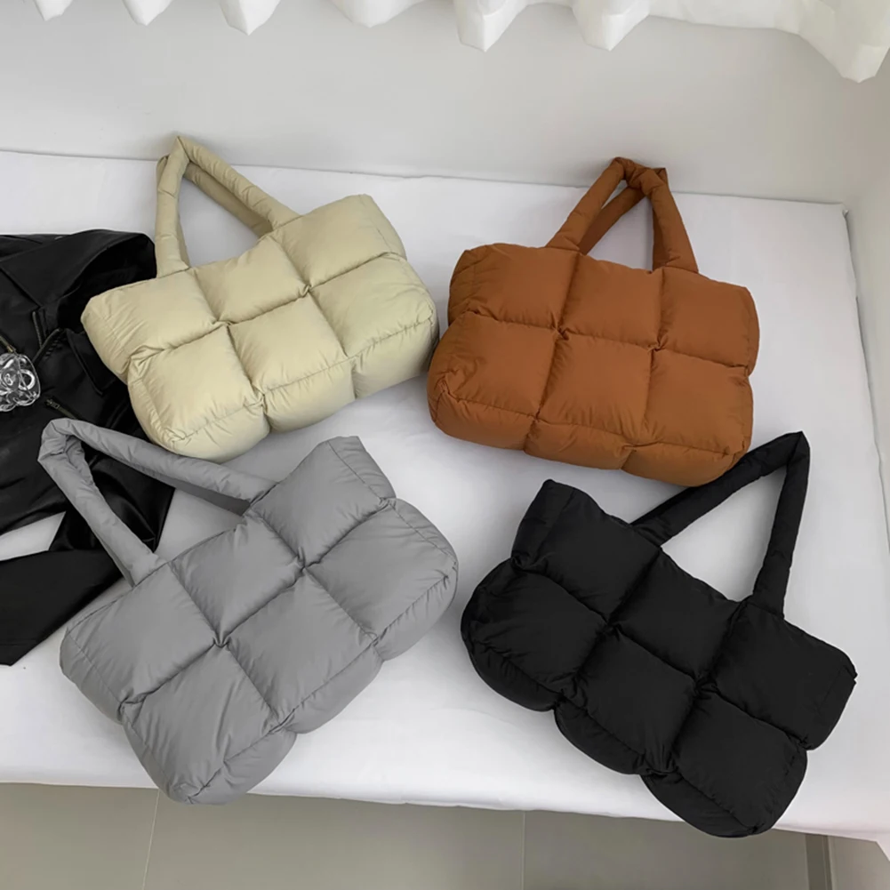 Women Puffer Shoulder Bag Solid Color Quilted Single Shoulder Bag Large Capacity Soft Cloud Tote Bag Casual Tote Bag