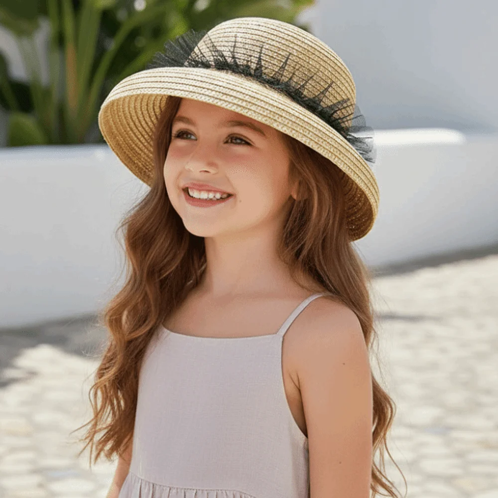 

Cute Large Brim Children Straw Hat with Windproof Rope with Lace Toddler Beach Hat Breathable Rounded Sunshade Straw Cap Outdoor