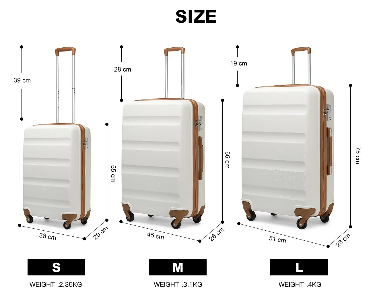 KONO Suitcase Lightweight Hardshell Case 94L Trolley suitcase with 4 Twin wheels & TSA Lock ABS Material