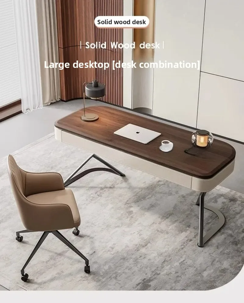 Office Table, Walnut Desk, Office Desk and Chair Set, Retro Walnut Wood Veneer, Computer Desk, Italian Executive Office Desk Set