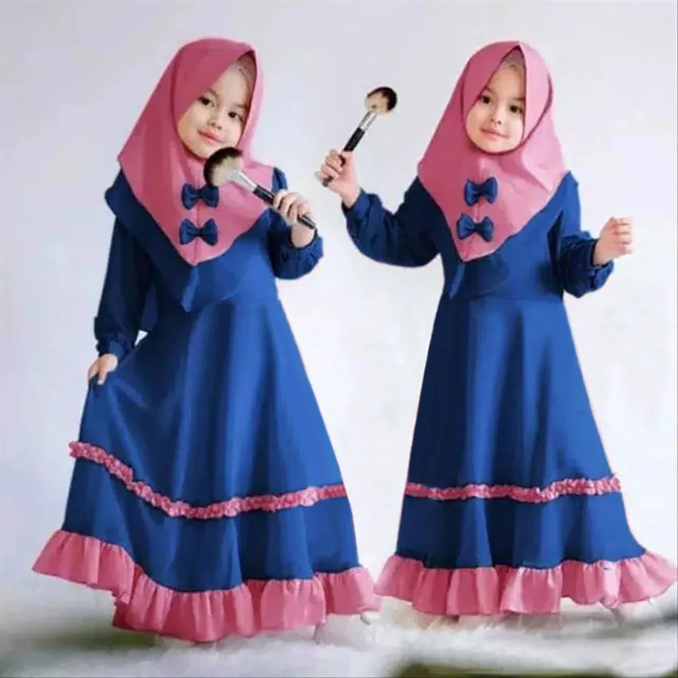 Muslim Children's set Islamic Traditional Long Dress and Headscarf Two Piece Set Baptism and Daily Worship Children Clothing