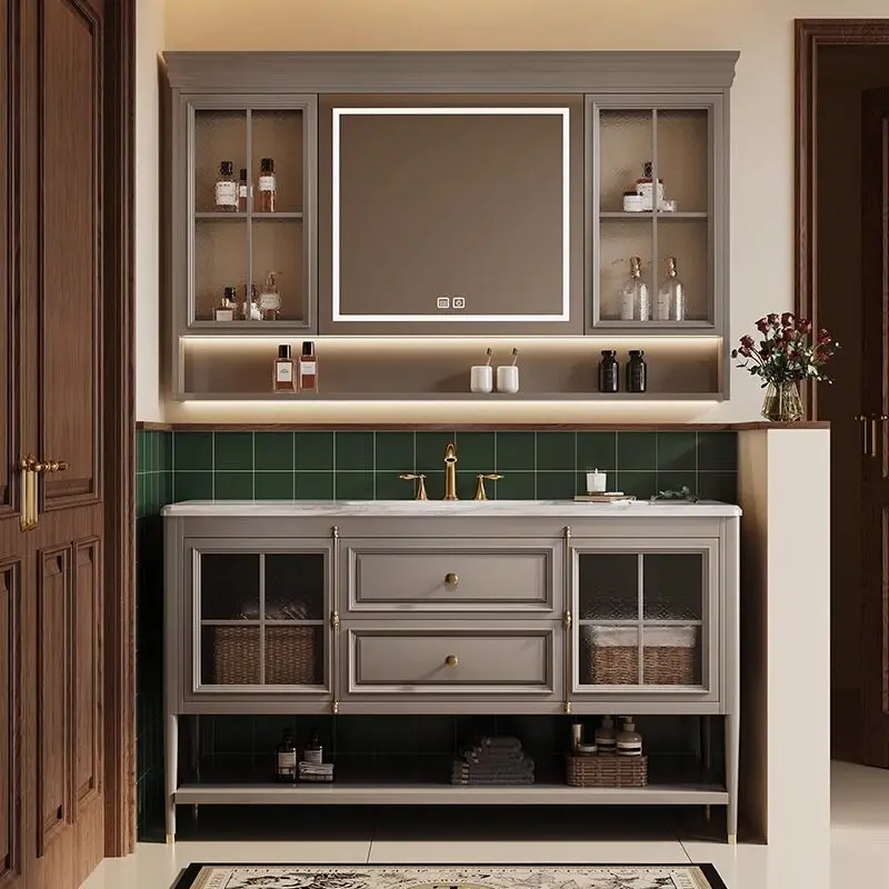Oak floor-to-ceiling American bathroom cabinet combination wash basin cabinet French retro bathroom customization