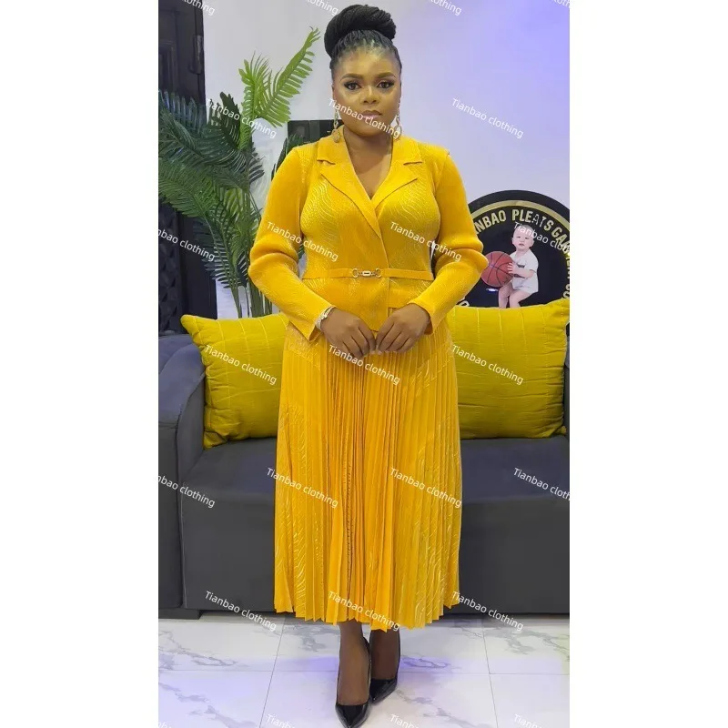 

Новое европейское плиссированное платье Miyake, костюм с воротником, темперамент, женские эластичные длинные платья большого размера, без морщин, Америка