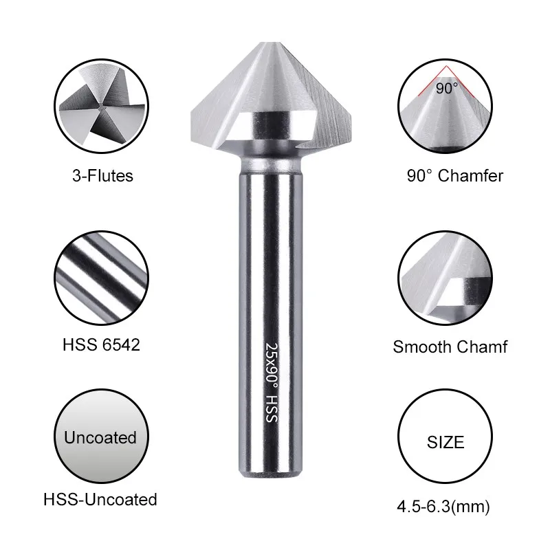 AZZKOR 4.0mm-6.5mm Deburring Trimming Countersunk Drill 6542 High-Speed Steel 90 3-Flutes Inner Hole Chamfering Cutter