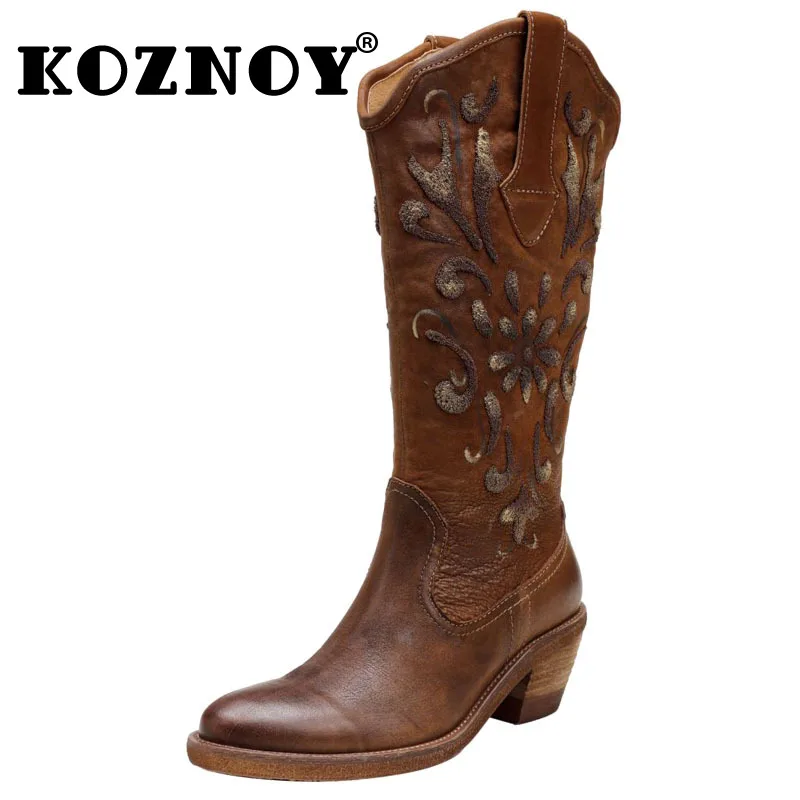 

Koznoy 5.5cm Sewing Genuine Leather Knight Boots Cowboy Autumn Spring Ethnic Ankle Knee High Woman Fashion Slip on Western Shoes