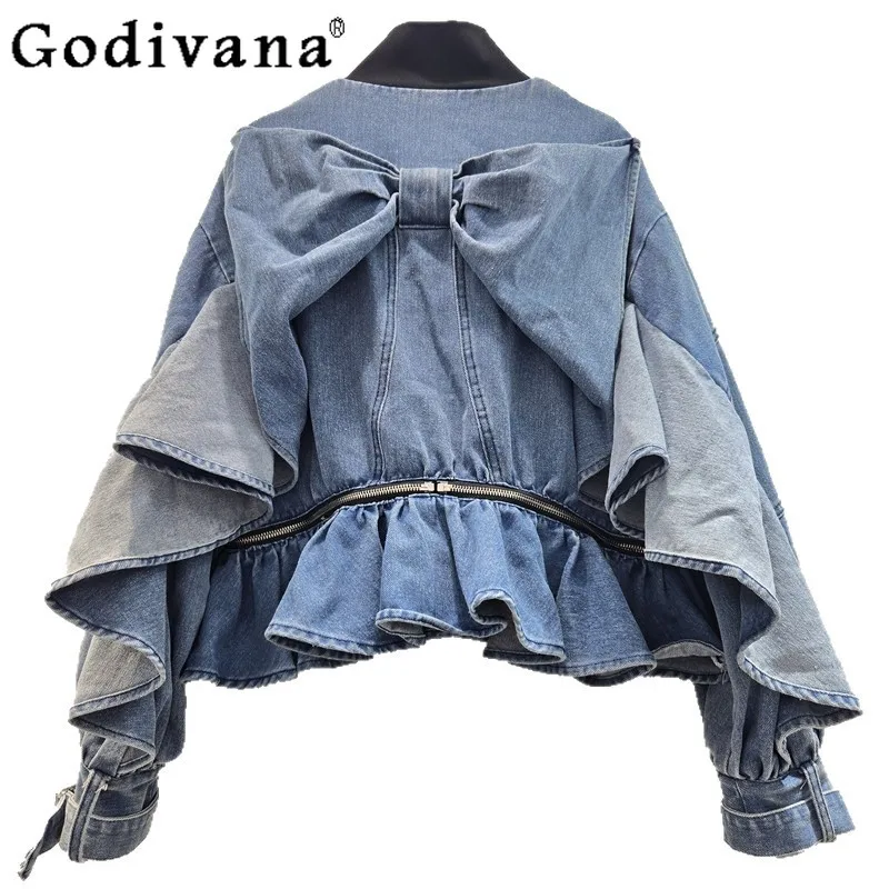 European Heavy Industry Three-dimensional Bow Sweet Ruffles Loose Denim Jacket Spring Autumn Stand Collar Long Sleeve Blue Top