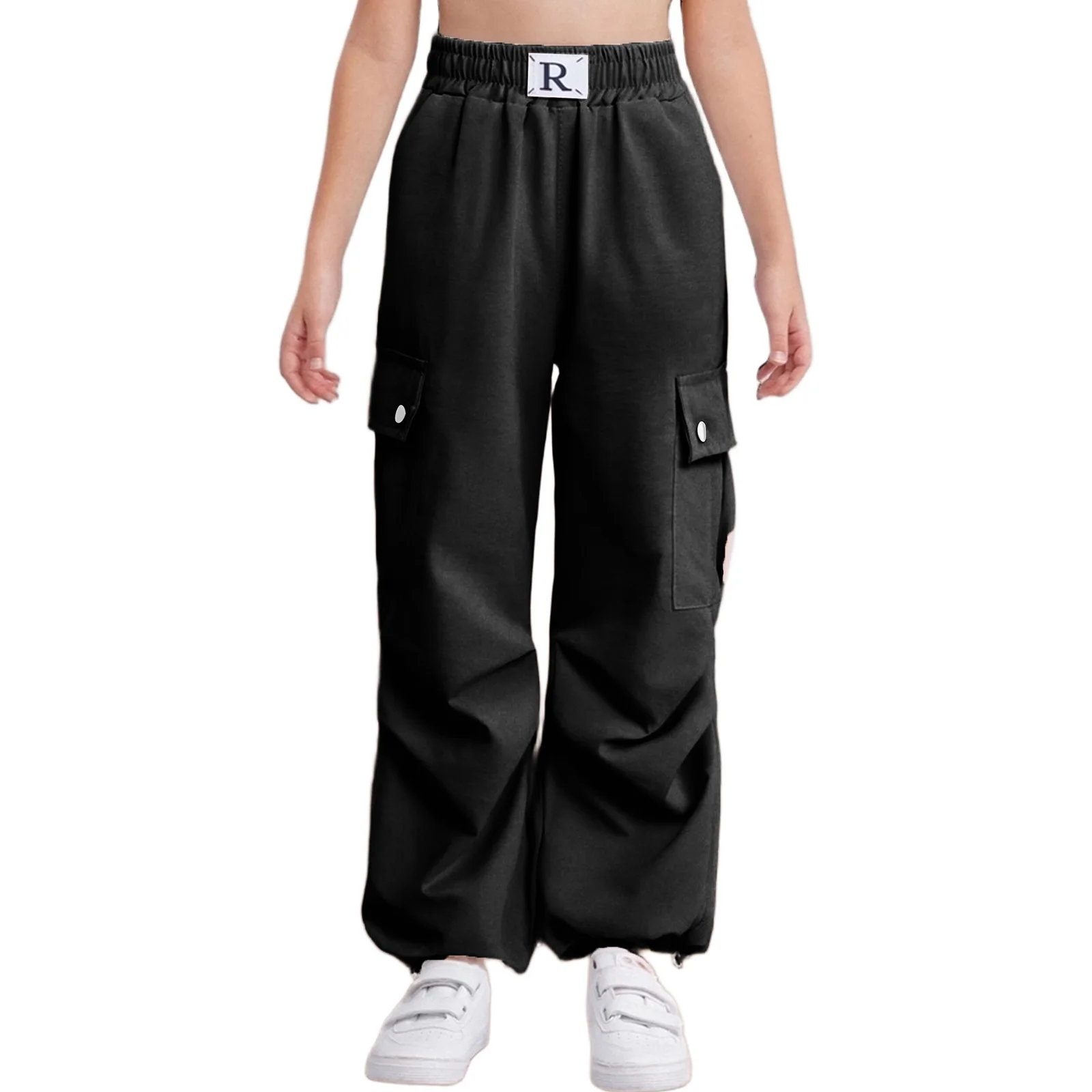 

Kids Girls Cargo Pants Elastic Waist Fashion Ruched Wide-Leg Trousers with Pockets for Skateboarding Holiday Hip Hop Streetwear
