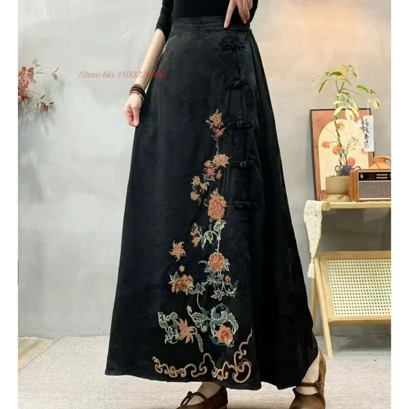 

2025 chinese vintage skirt national flower embroidered satin jacquard skirt oriental traditional folk a-line horse-face skirt