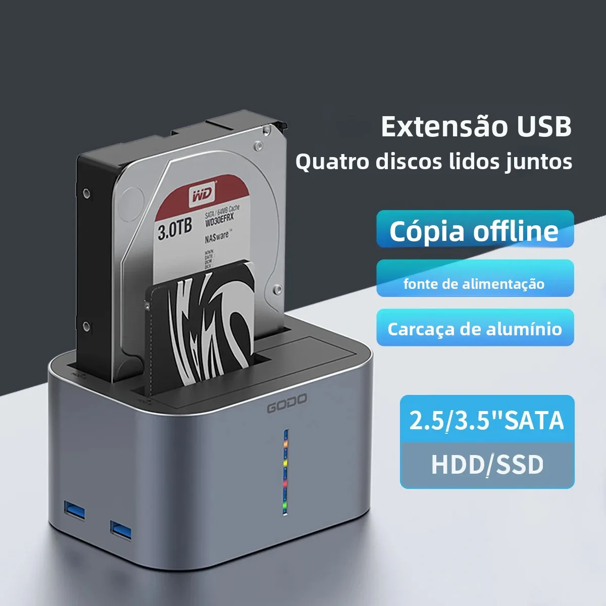 Dock USB 3.0 GODO com Duas Entradas Tipo C para Discos Rígidos SATA de 2.5/3.5 polegadas, SSD, HDD, Estação Externa de Alumínio para Discos Rígidos com Função de Clonagem Offline.