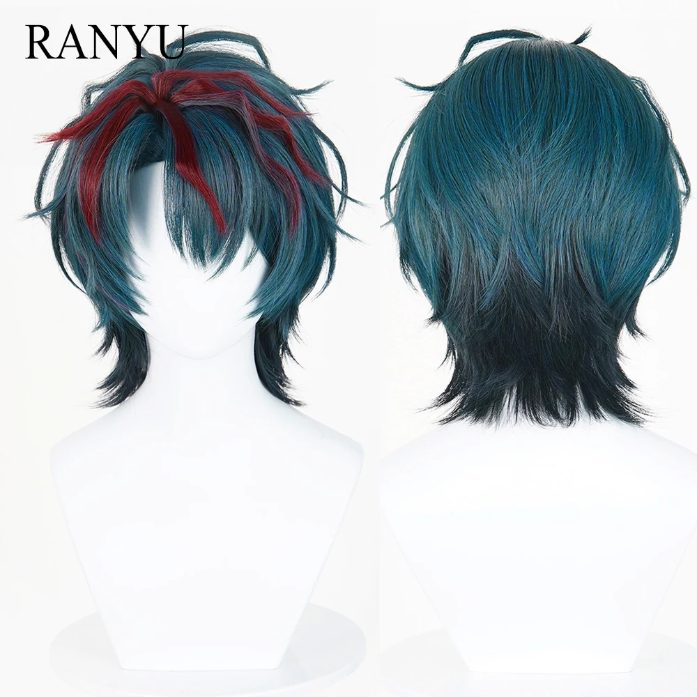 Ombre Green Red Highlights Synthetic Short Straight Wigs Middle Part Anime Game Cosplay Fluffy Wig for Daily Party