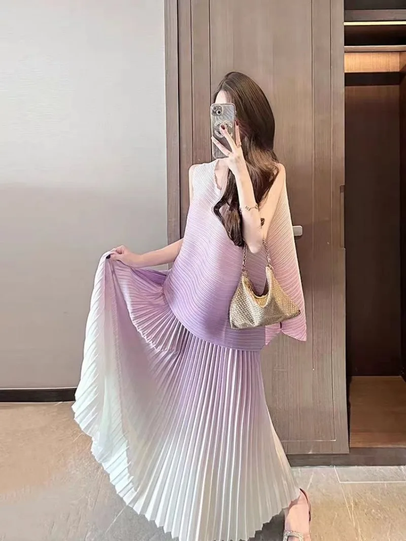 Purple Lifetime Small Fragrance Set Skirt for Women Summer 2023 New Pleated O Neck Sleeveless Shirt Two Piece Set Of Female Tops