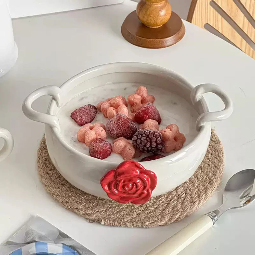 Creative Porcelain Bowl French Style Vintage Floral Relief Homehold Food Container Salad Breakfast Double-Eared Bowls