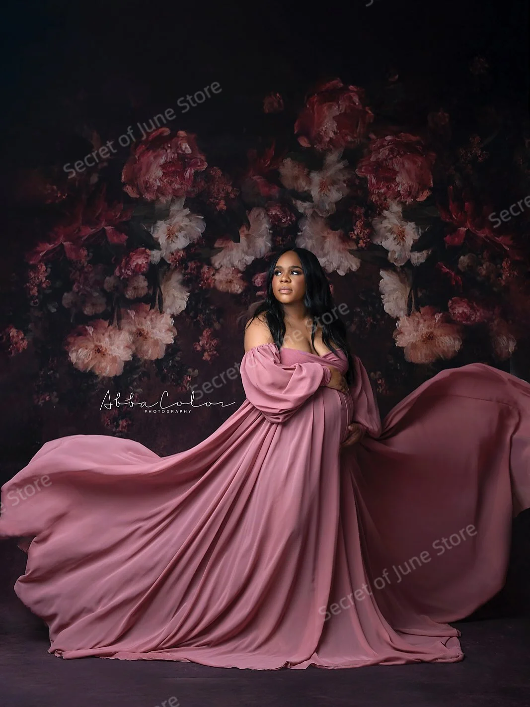 控えめなローズピンクのマタニティドレス恋人長袖イブニングドレス写真撮影用エレガントなカスタマイズされた妊婦ドレス