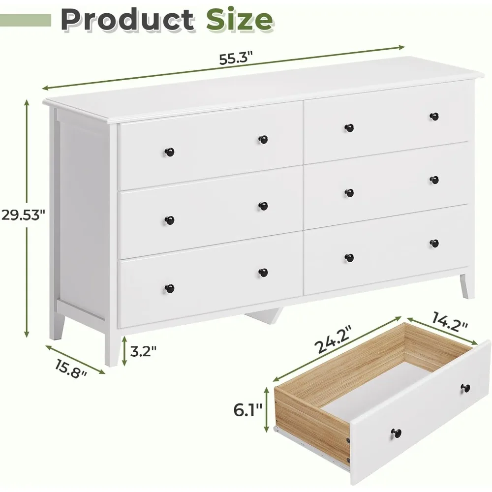 Große Kommode aus massivem Holz mit 6 Schubladen für Schlafzimmer, Aufbewahrungskommode mit 55,3 langem Fassungsvermögen
