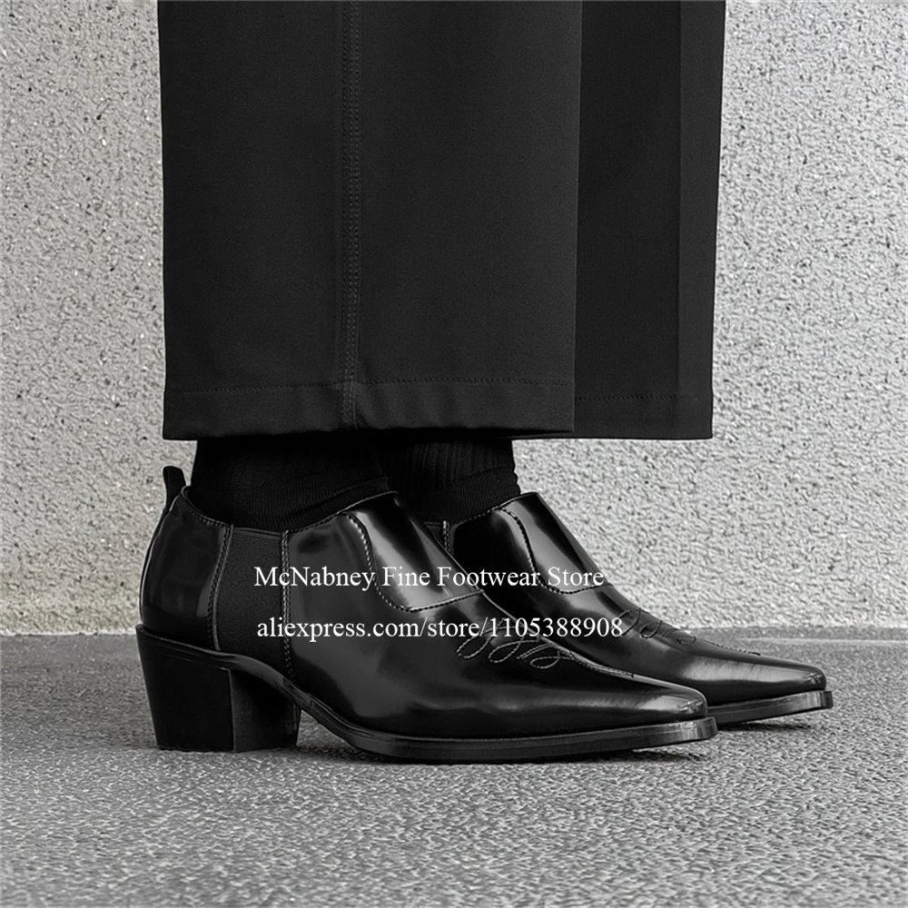 Shiny Patent Leather Embroidered Chelsea Boots Cuban Chunky High Heel Square Toe Ankle Boots for Men Fashion Party Daily Street