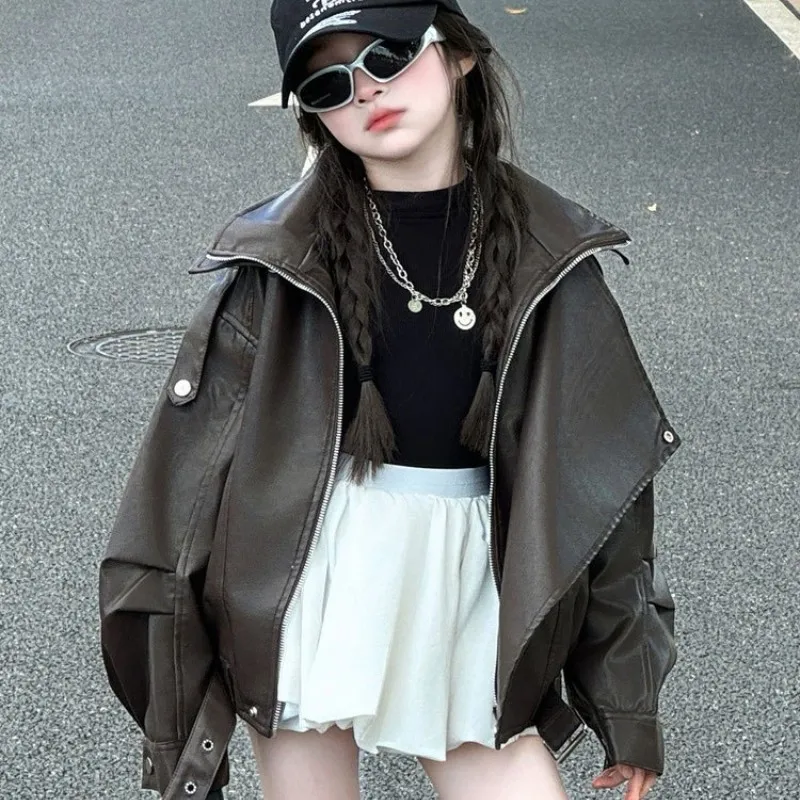 

Весенне-осенняя детская кожаная куртка нового стиля для девочек: модное повседневное пальто, стильная детская верхняя одежда