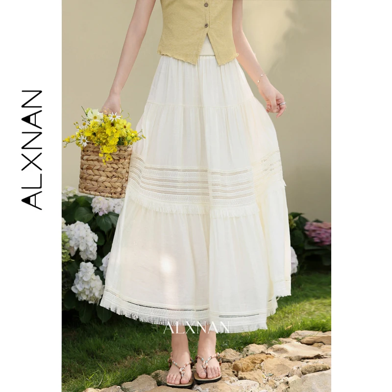 

ALXNAN Apricot Women's Skirts Summer New Versatile Tassel Design A-line Midi Skirt 2026 Elegant Holiday Female Clothing L65126