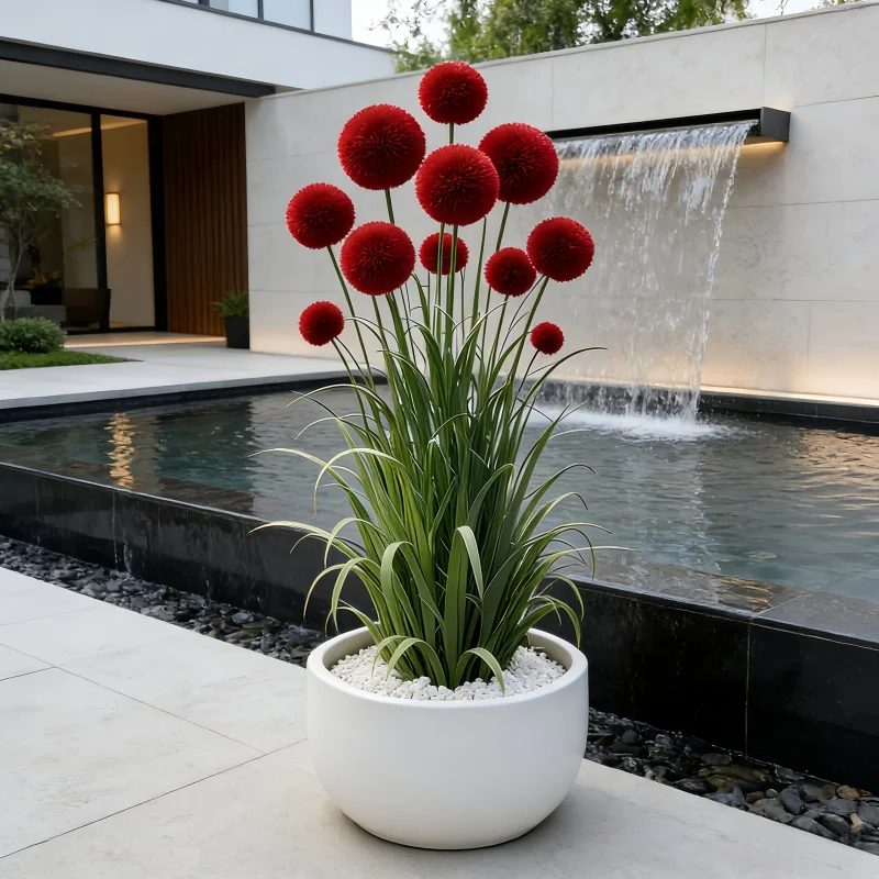 4 Pieces = 12 Stems, Vase Not Included. Artificial Simulated Reed Ball-Stem Grass, Realistic Red Ball Flowers, Suitable for Indoor and Outdoor Decoration, Perfect for Home, Hotel, Office, Weddings, Parties, Home Gardens, Porches, Cottages, Courtyards, Cafes, Very Suitable for Mother's Day, Father's Day, Earth Day, May 5Th, Graduation Season