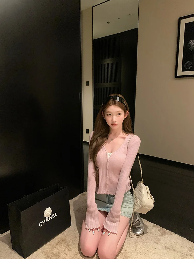 Damski różowy cienki kardigan Chen DaYu, dzianinowy, otwarty, letni, piękny, dopasowany pasek, odzież wierzchnia chroniąca przed słońcem, top w stylu koreańskim Sle S...