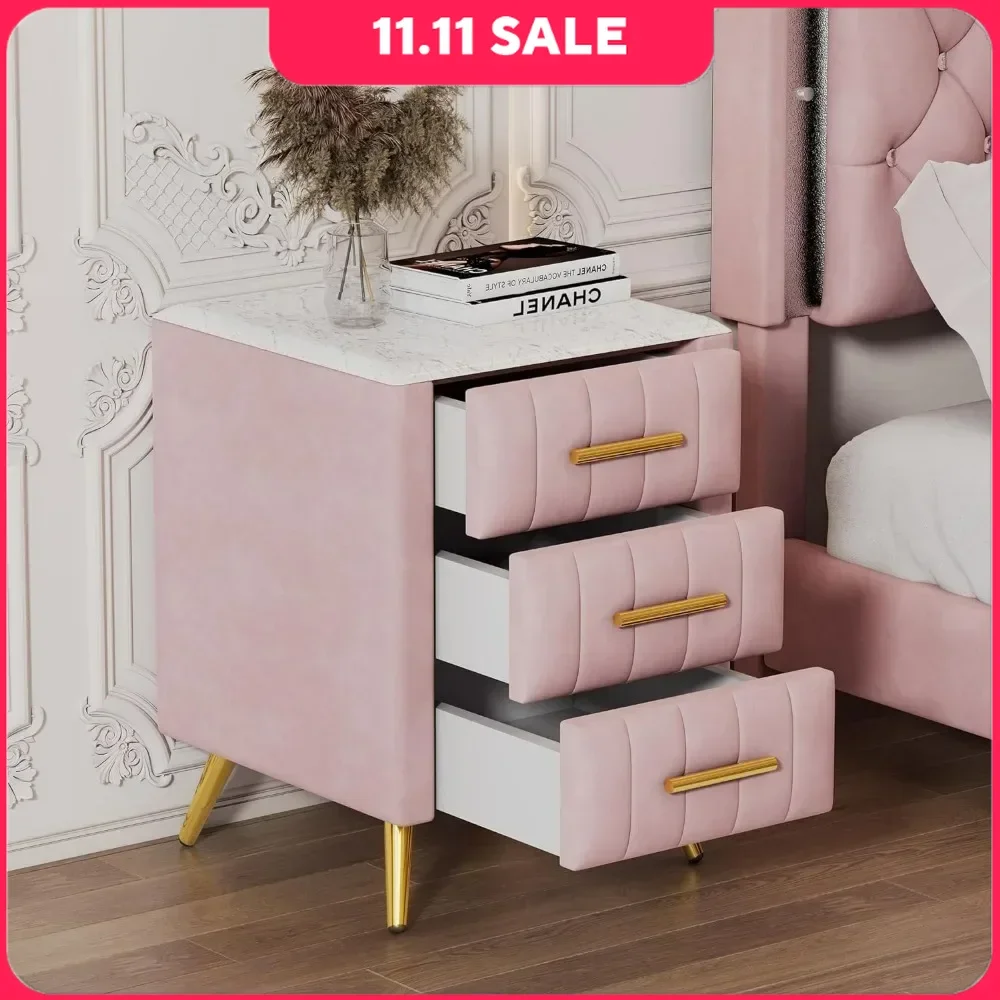 

Pink Upholstered Wooden Nightstand with 3 Drawers, Metal Legs & Handles-Fully Assembled Bedside Table,Nightstands