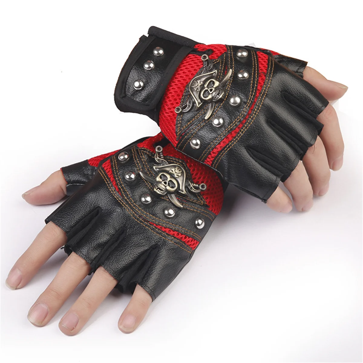 PU 가죽 핑거리스 장갑, 남녀 공용 해골 리벳 장갑, 해적 선장, 힙합 피트니스 장갑, 오토바이 타기용 장갑