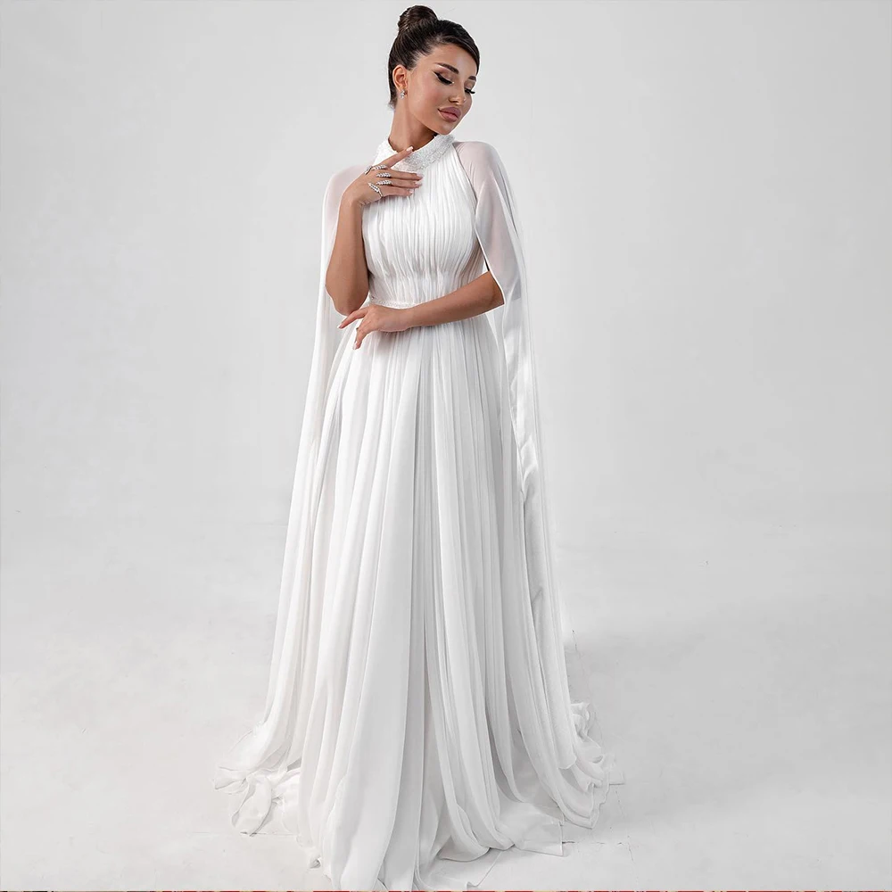 

Simple Wedding Dresses with Cape High Neck Sleeveless Chiffon Brides Dress A-Line Beading Bridal Gown Customized robe de mariée