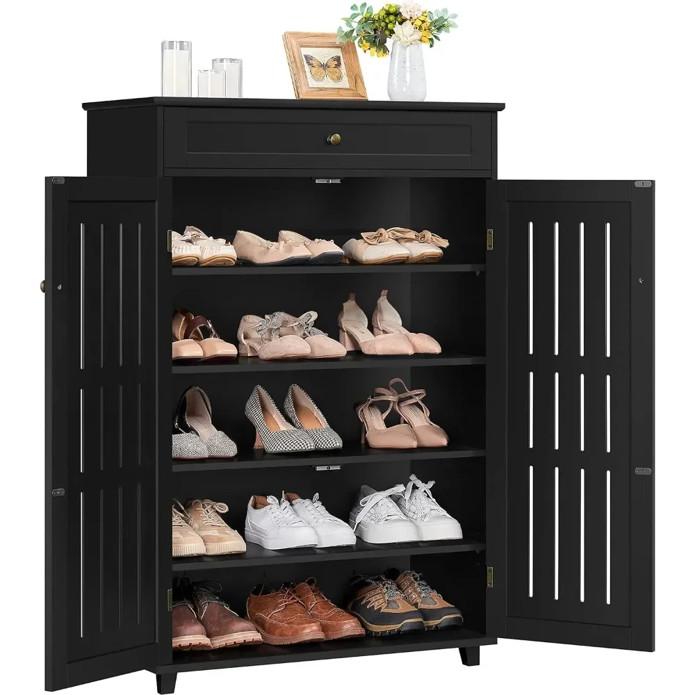 Shoe Cabinet, 5-Tier Shoe Rack Organizer with 1 Drawer, Freestanding Wooden Shoe Storage Cabinet with 2 Louvered Door