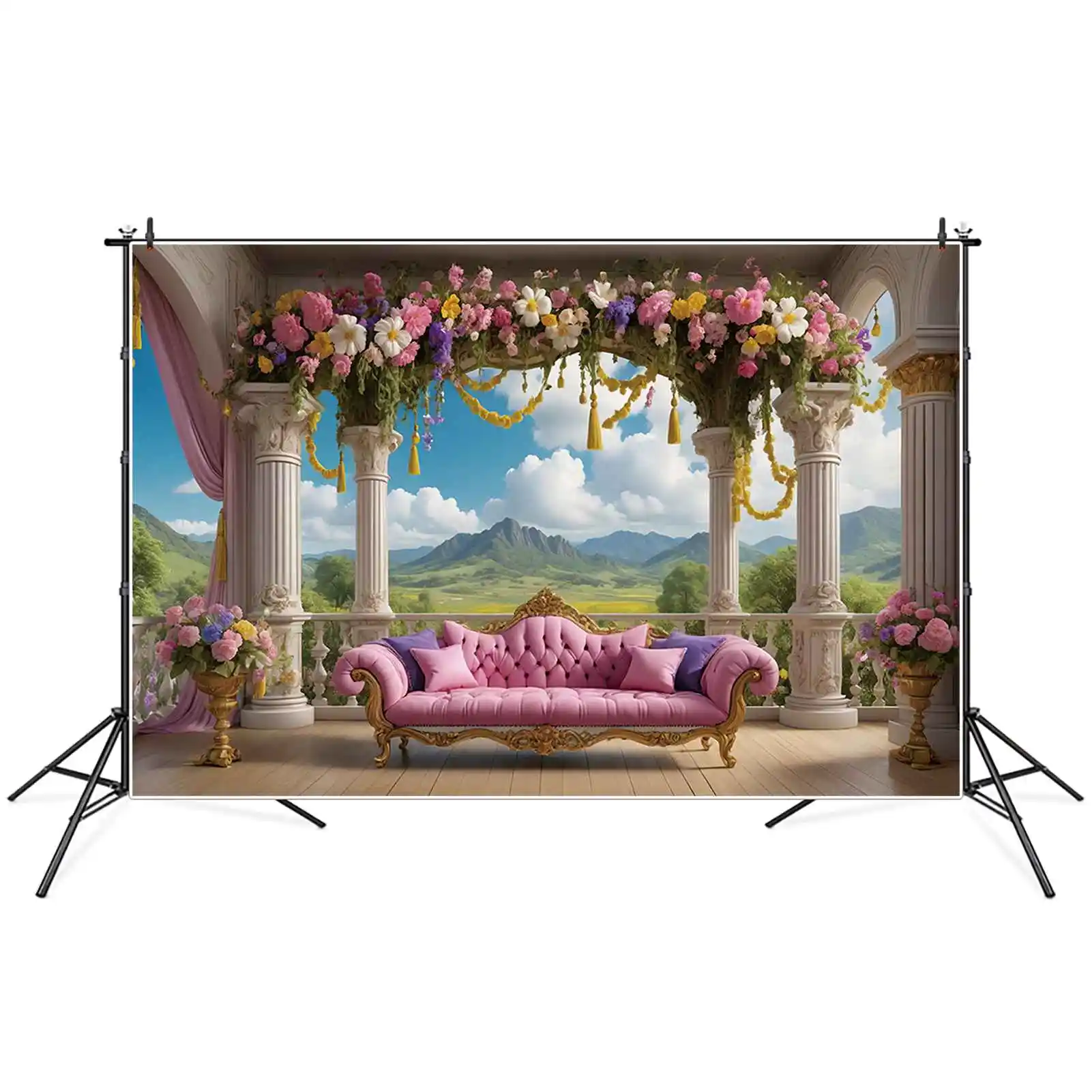 MOON.QG Princess Flower Curtain Castle Birthday Background Girl Arch Garaland Viewing Platform fondale accessori per feste personalizzati