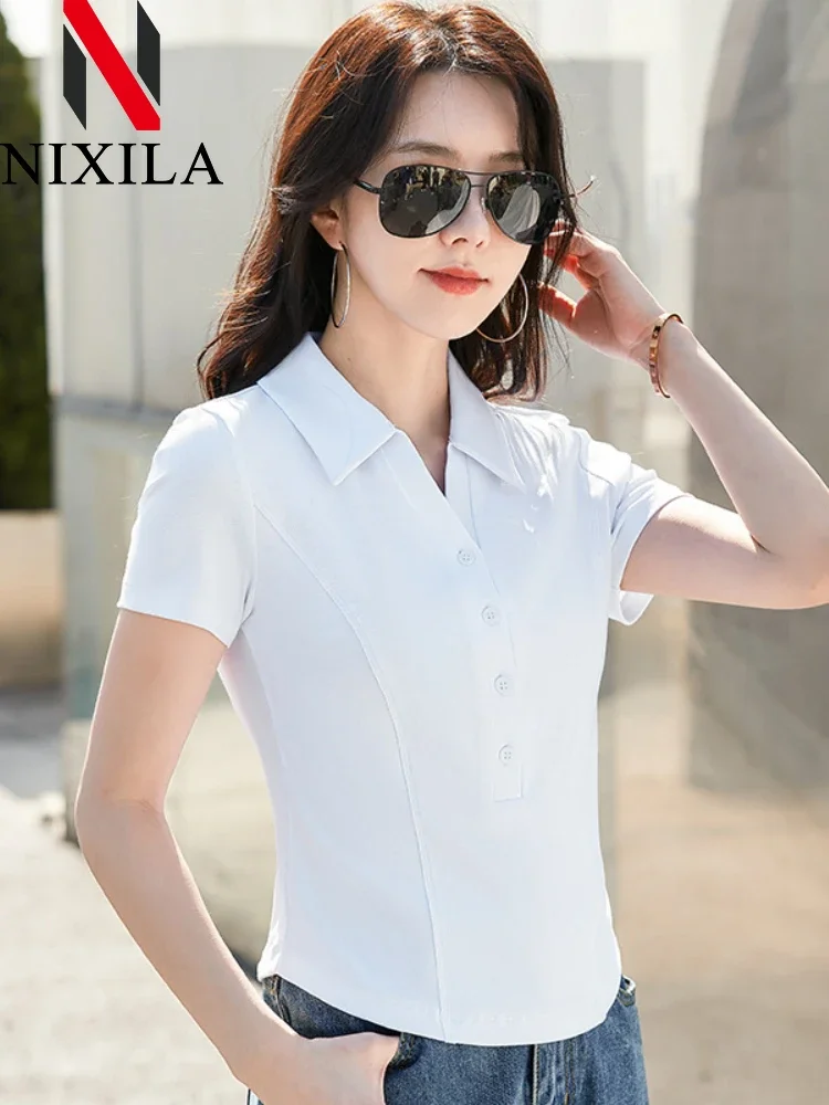 Summer Short Style Polo Shirts Women Korean Version Slim Fit Short Sleeved Top Fashion Elegant T-shirts Retro Female Clothing