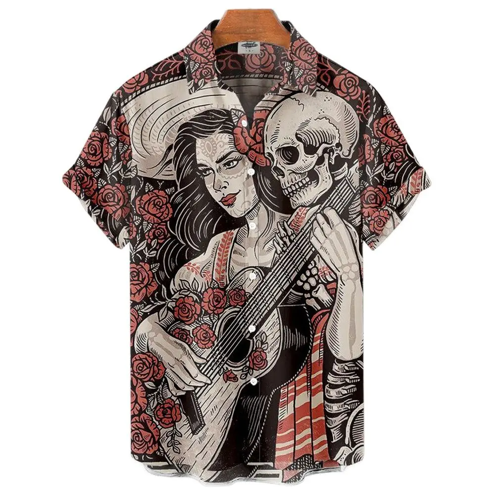 

Shirts For Men Beauty Skull Pattern Short Sleeve Shirts Fashion Street Hip Hop Style Oversized Tees Cardigan Tops Free Shipping