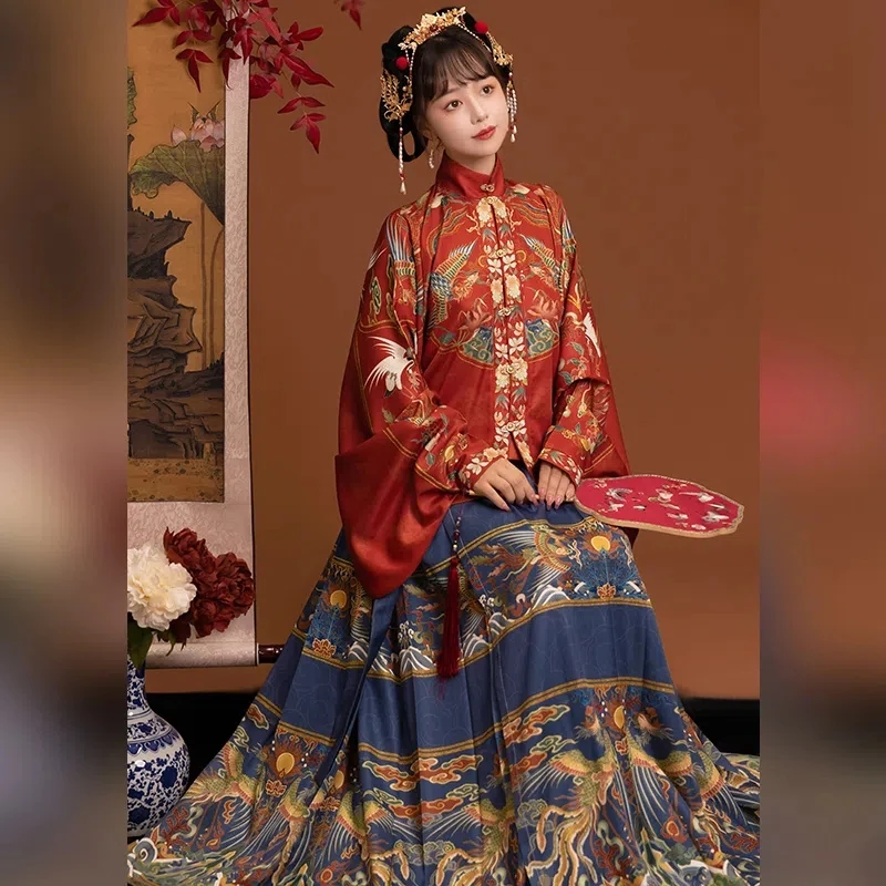 Hanfu ancien pour femmes, jupes en forme de Pipa avec imprimé phénix de la dynastie Ming de printemps, haut rouge et bleu, costumes complets 2 pièces