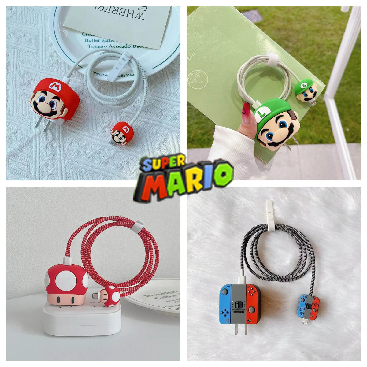 

2024 Super Mario Cartoon Character Charger Data Cable Protection Cover for Apple Fast Charger Head 18/20w Cute 4-piece PVC Funny