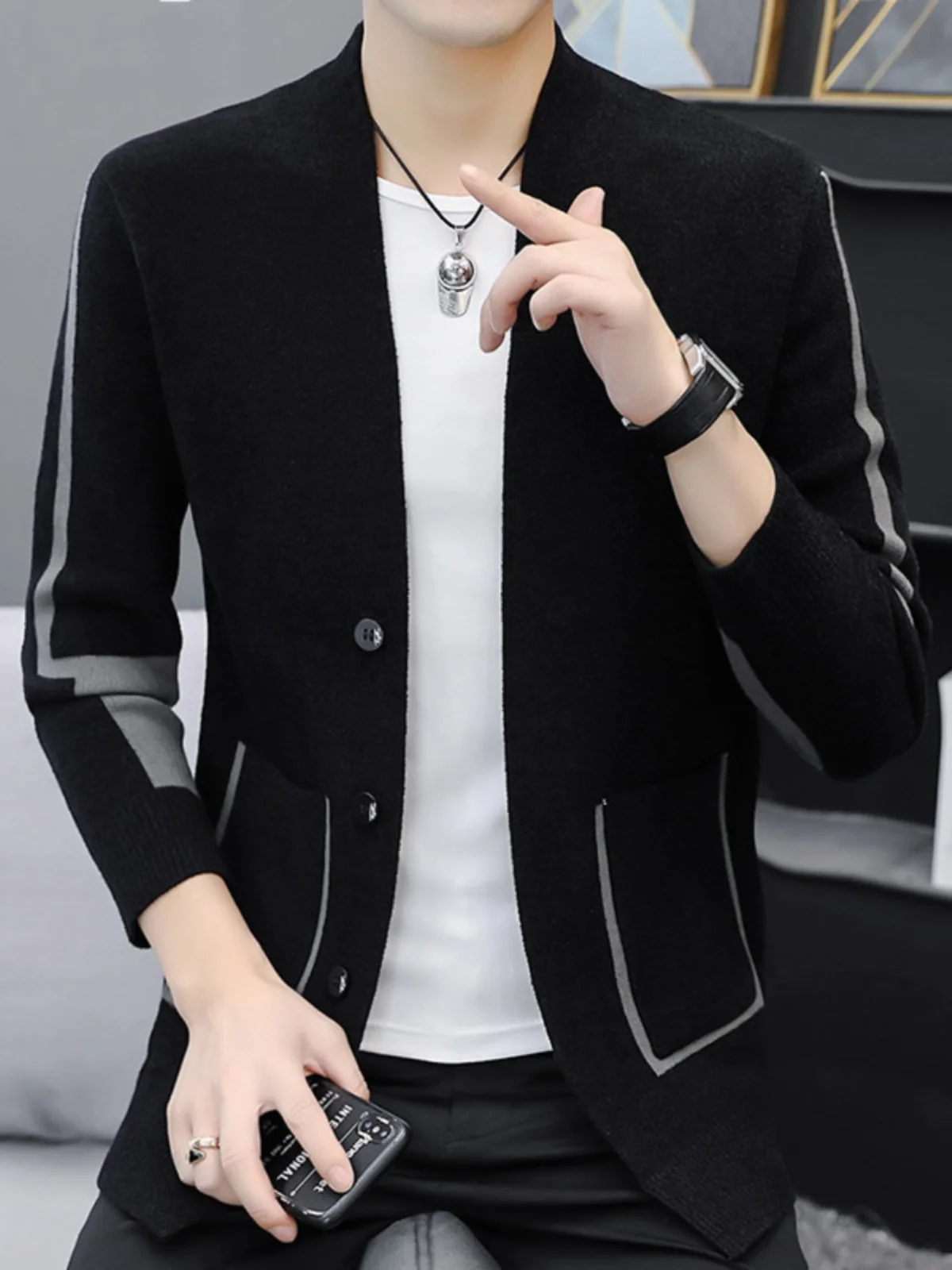 

Весенне-осенний вязаный кардиган для мужчин: повседневный свитер в деловом стиле, молодежный модный полосатый шерстяной жакет свободного кроя с длинными рукавами