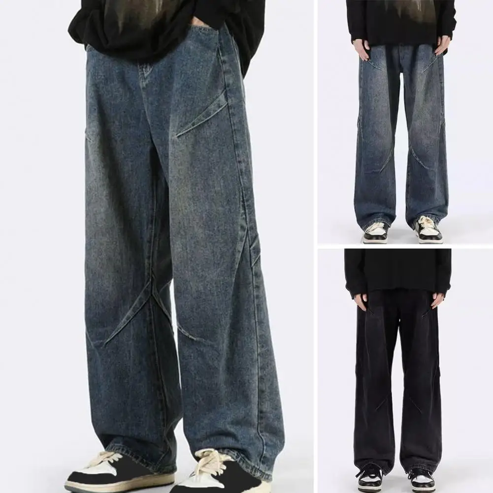 

Men Straight Leg Jeans Hop Style Denim Pants for Men Straight Wide Leg Draped Design Mid-rise with Pockets Trousers