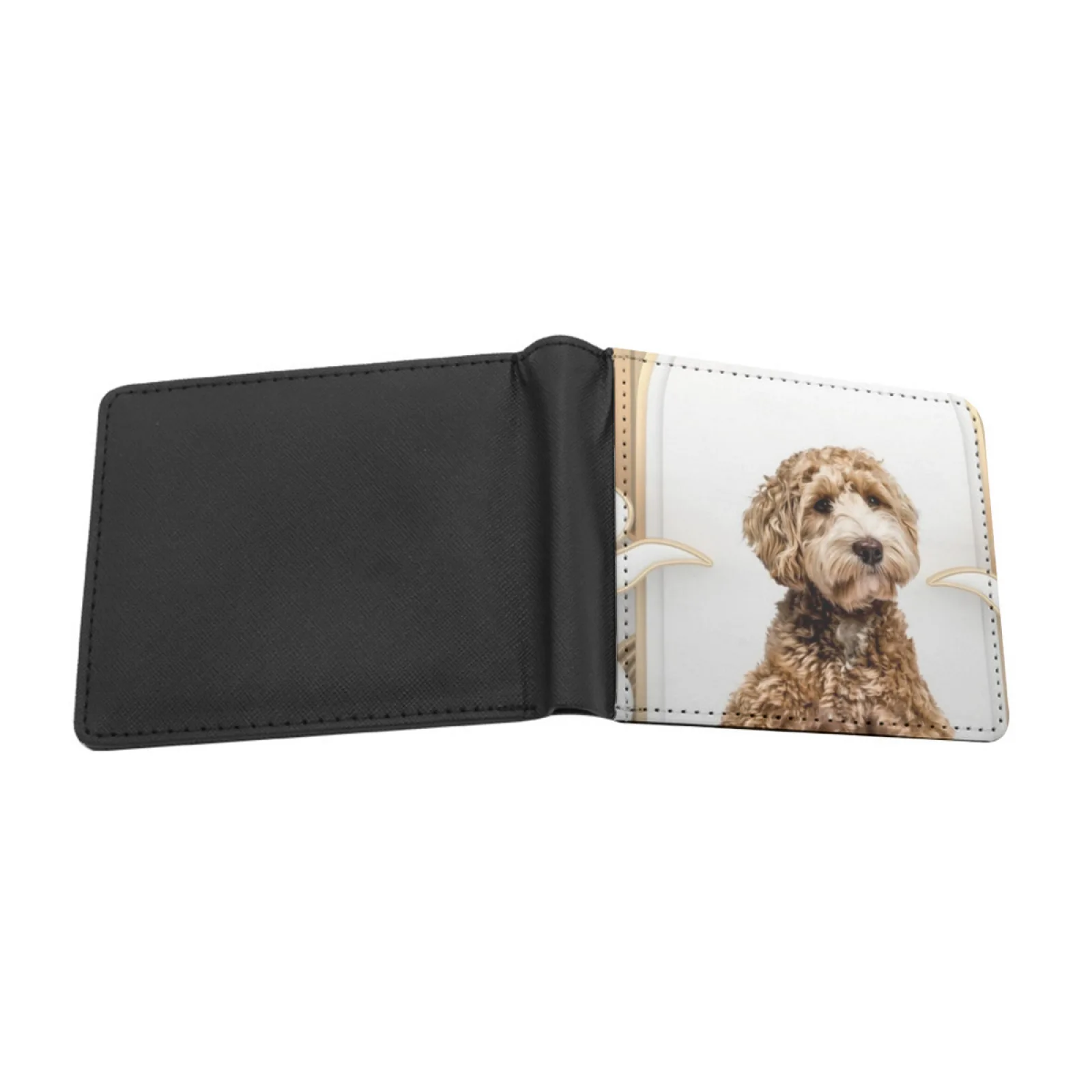 Golden Background Photo Collage Personalized Wallet For Men And Women Pu Leather Short Pocket Purse Doodle Labradoodle Dog