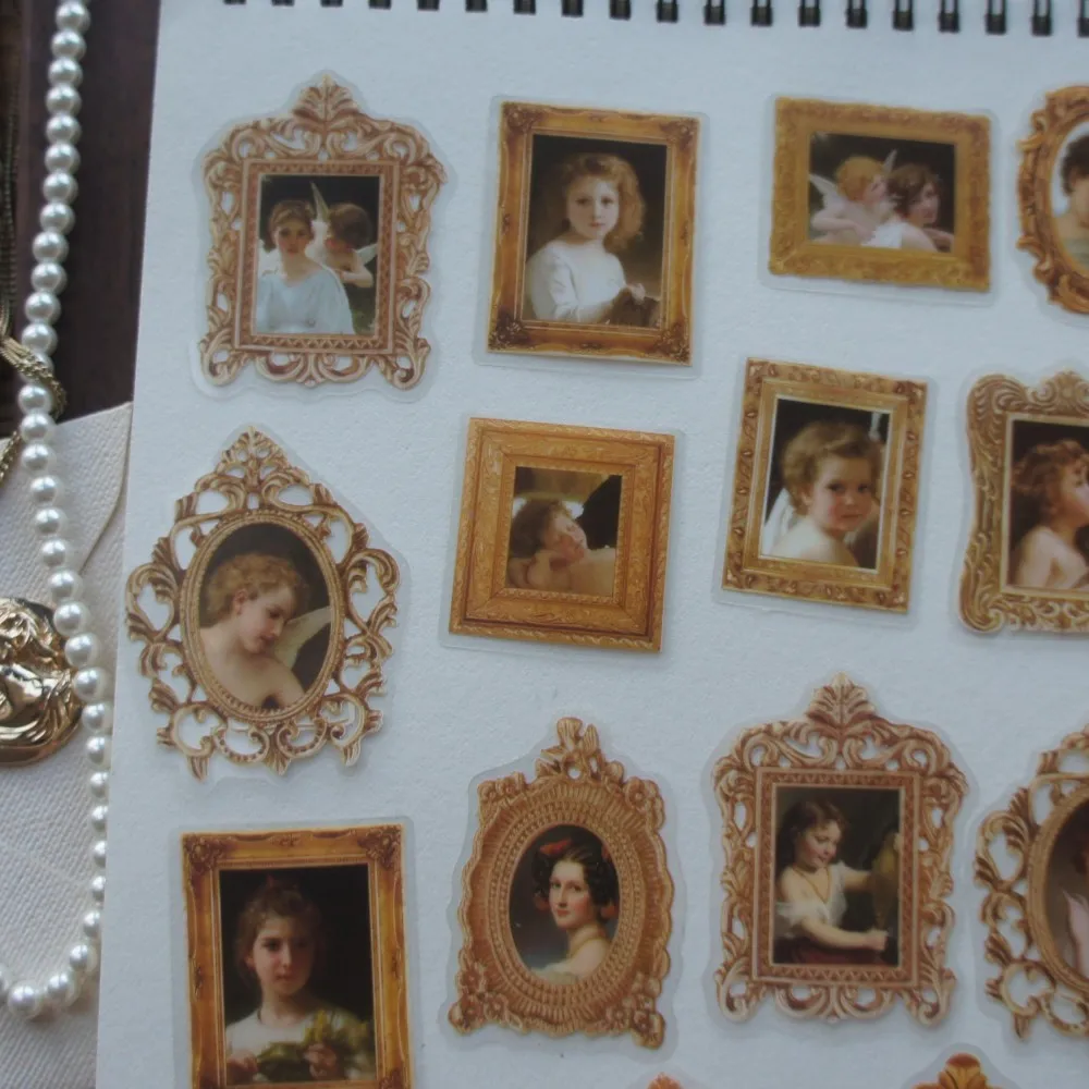 

28pcs Golden Metal Photo Frame Lady Painting Style PVC Sticker Scrapbooking DIY Gift Packing Label Decoration Tag