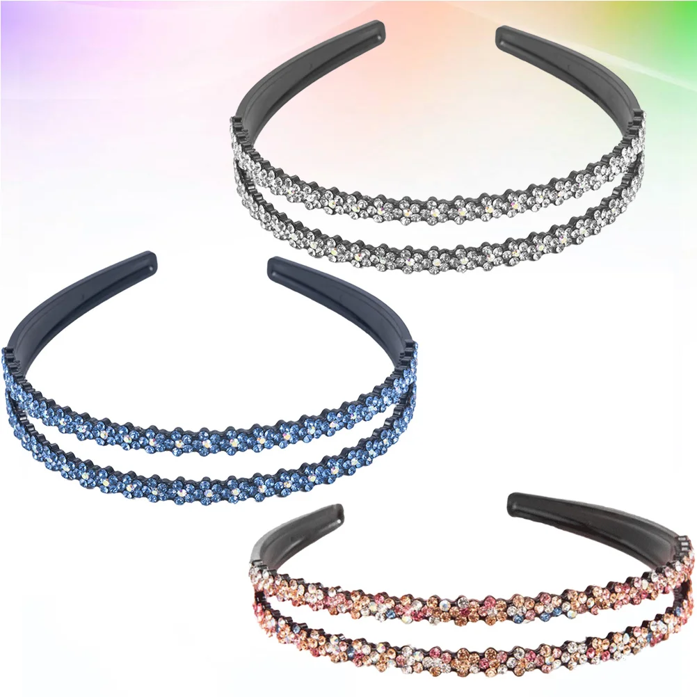 

3Pcs Anti Skid Double Row Rhinestone Hairbands Non Slip Headbands for Women Girls Makeup Face Wash Beauty Accessory