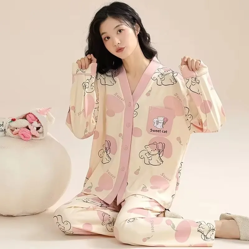 女性用コットンパジャマ,着物スタイル,カーディガン,ナイトウェア,ラージサイズ,ロングパジャマ,韓国,秋,春,M-2XL